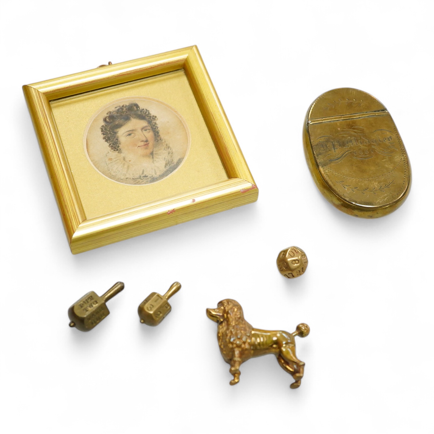 Sundry items and collectables to include a brass snuff box, dated 1881, a brass dog piercer? and a 19th century miniature watercolour portrait of a lady